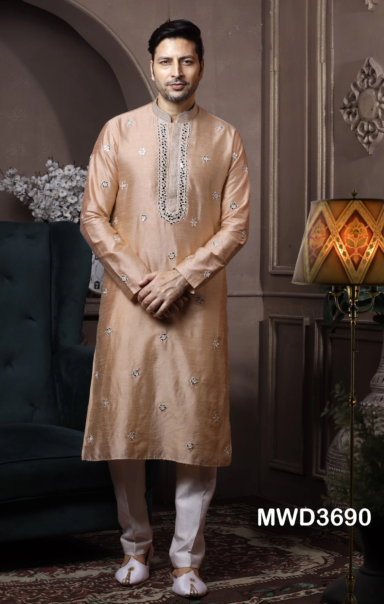 Beige Readymade Mirror Embroidered Kurta Pajama, 36-1.webp